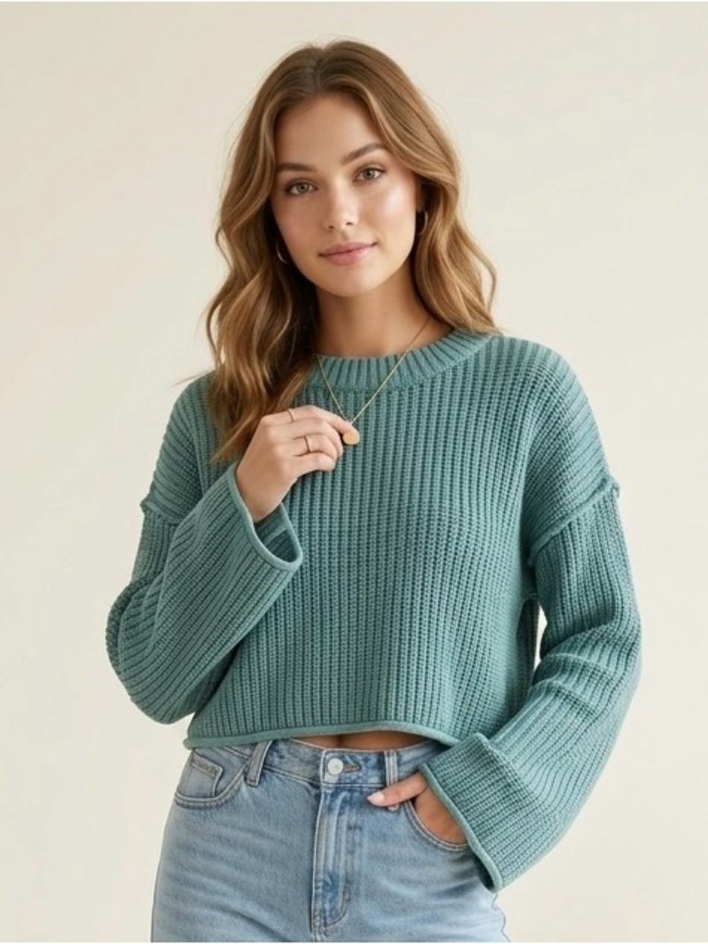 Wild Fable Cropped Ribbed Shaker Knit Oversized Sweater - Seafoam Green SZ L
